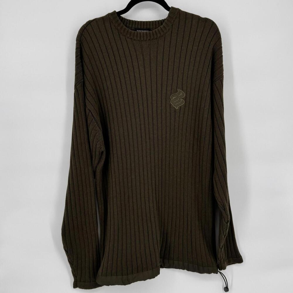 Rocawear Sweater Mens Large Green Ribbed Knit Pullover Drawstring Hem Logo Y2K
